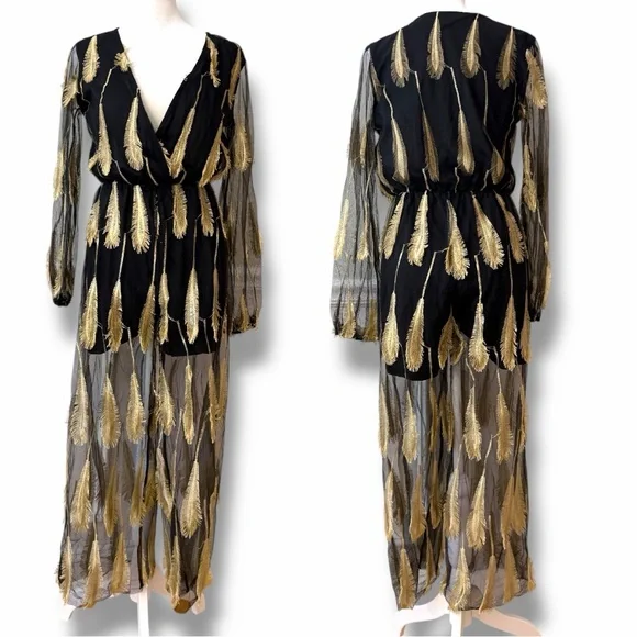 Vintage 90s LAN Classic Metallic Gold 3D Feather Mesh Maxi Romper Festival Glam - Picture 3 of 9